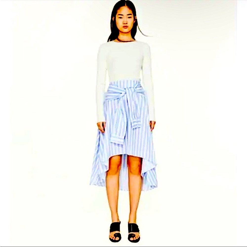 NWOT Zara Woman Asymmetrical High Low Sleeve Tie Waist Striped Midi Skirt Size M